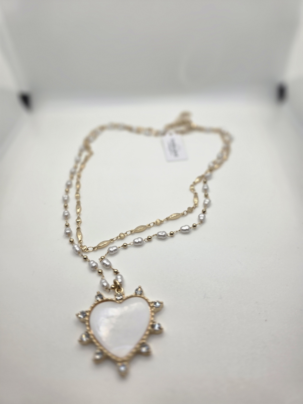 Park Lane Gold and White Heart Pendant Necklace with Pearl Accents